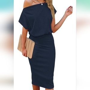 MEROKEETY Women's Off The Shoulder Short Sleeve Midi Dress Ribbed Bodycon